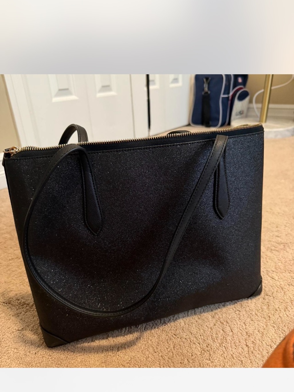 Kate Spade Black Glitter Tote Bag with Gold Zipper